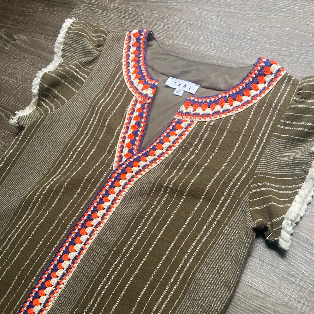 Anthropologie THML Green Embroidered Dress Size XS